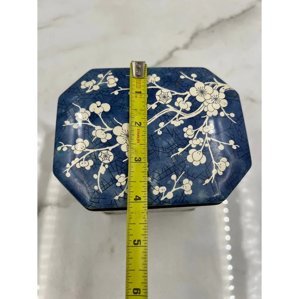 Vintage Daher Tin Container Blue Crackle White Floral Cherry Blossom England